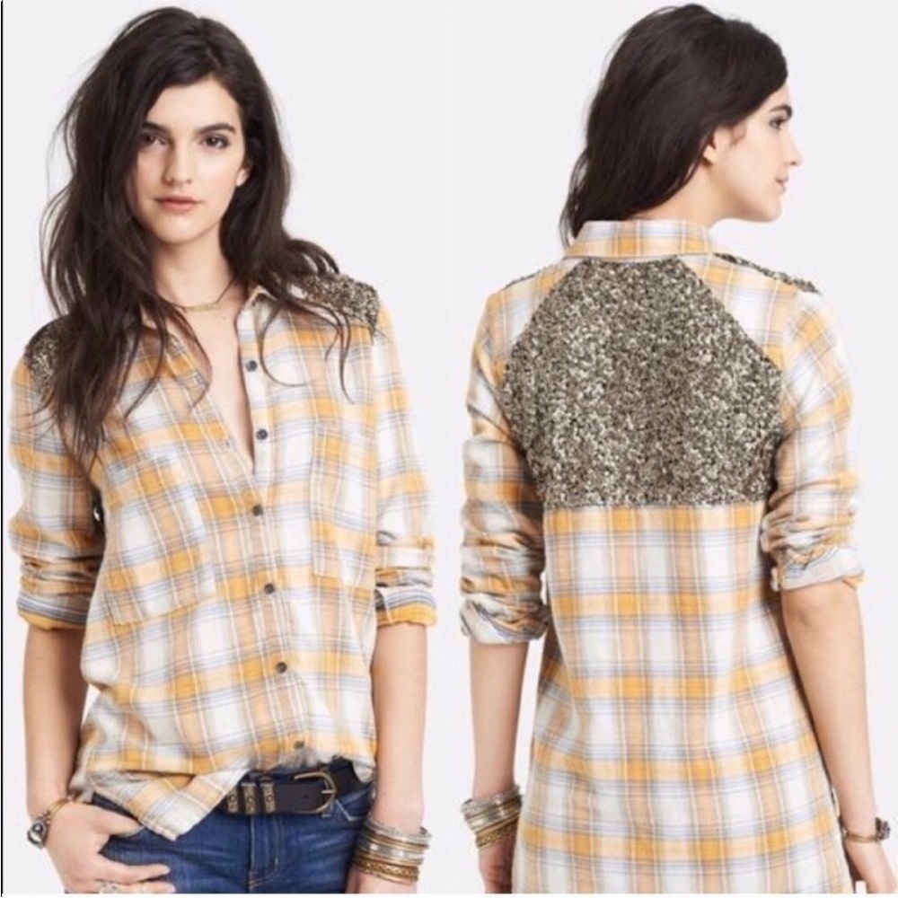 FREE PEOPLE Little Bit of Sugar Plaid
Sequin Top Long Sleeve Flannel Size XS